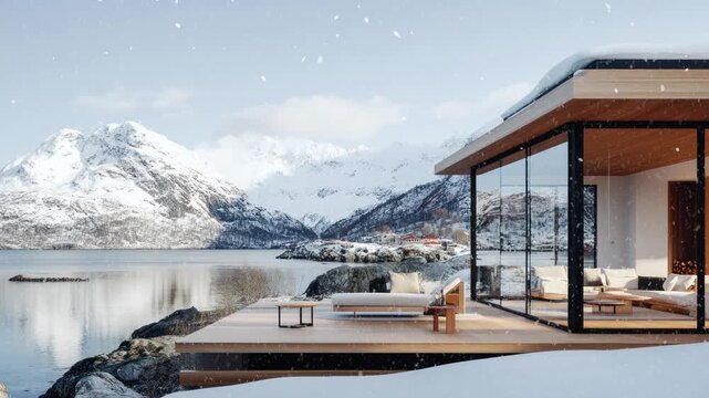 A serene scene of an outdoor seat covered in snow in a quiet villa