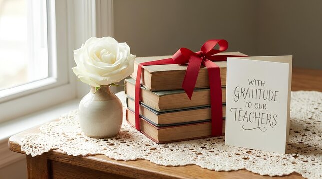 Stack of books with red ribbon, white rose, and thank you card on a lace tablecloth.