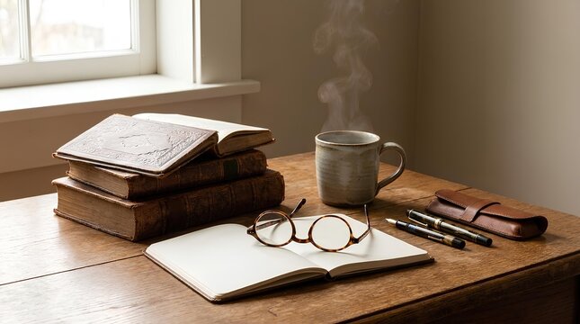 Stack of vintage books next to an open notebook, spectacles, and a steaming cup of coffee.