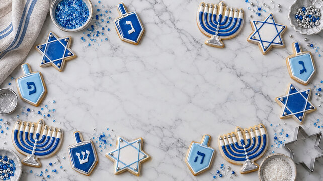 Decorated blue and white Hanukkah cookies flatlay on marble tabletop framing central copy space under bright soft light for festive Jewish holiday baking concept