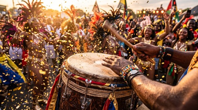 Close up of energetic hands playing carnival street drum with confetti fluttering during festive outdoor parade in golden sunlight for cultural celebration concept