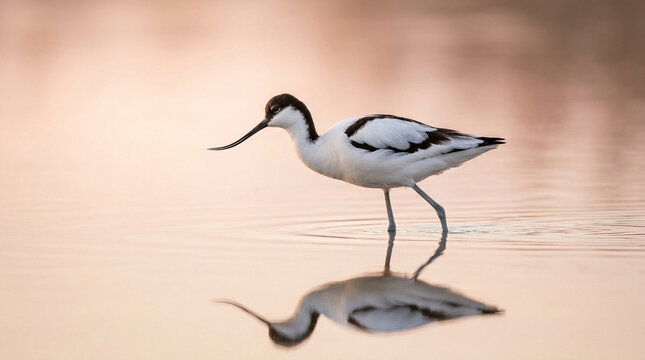 Pied Avocet bird walking in calm water at sunset.
