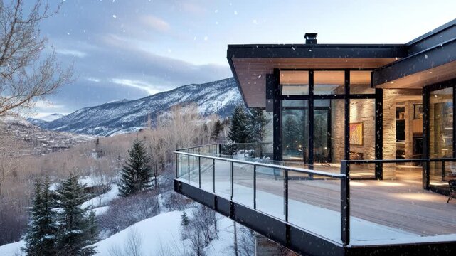 An outdoor rail villa at snowy mountain in winter holiday, natural living and vacation concept