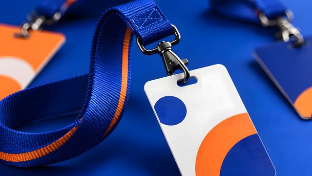 Close up of corporate ID card badge with blue and orange lanyard and metal swivel hook clip