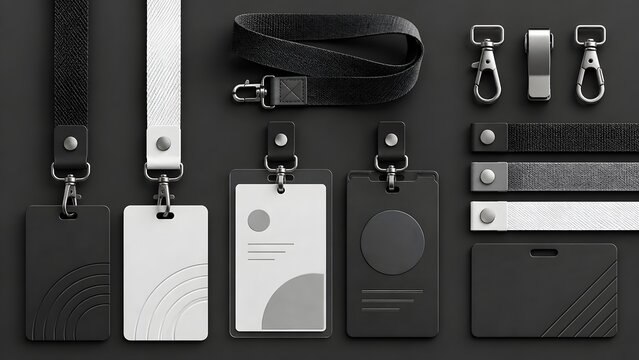 Premium black and white ID card badge mockups with detached leather lanyard straps and metal clips on dark background