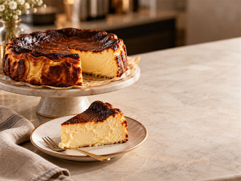 Burnished basque cheesecake with creamy center and cut slice on a marble cafe counter in warm light with elegant plating flowers and generous copy space for premium dessert concepts