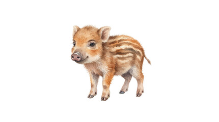 Fototapeta premium A cute baby wild boar with striped fur stands on a white background, looking curious