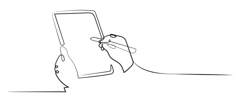 Continuous line drawing vector of hand holding pen writing on tablet screen, doodle art style Editable stroke.