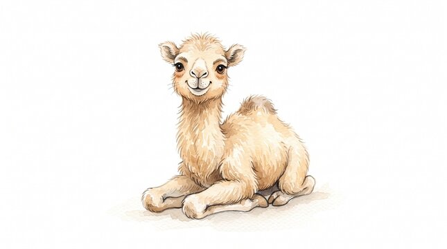 A cute baby camel sitting in a desert.