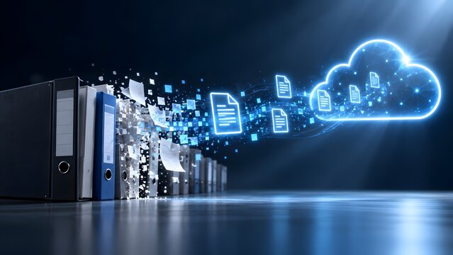 Physical document binders disintegrating into digital pixel particles and uploading to glowing cloud storage network
