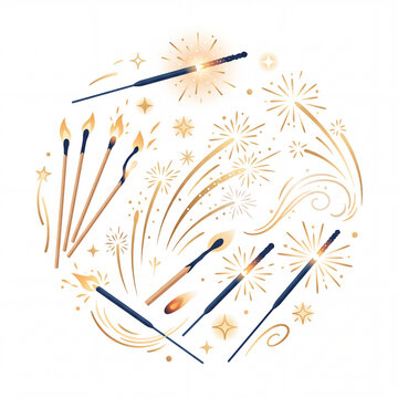 Festive sparklers and fireworks in gold and blue circle design