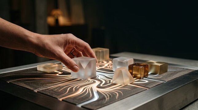 Hand Placing Geometric Blocks on a Glowing Interactive Surface for Strategic Planning and Future Visioning