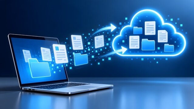Laptop computer uploading digital document folders to glowing blue cloud storage network representing secure data backup