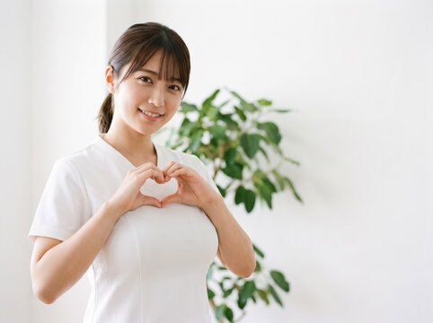 胸の前で手でハートマークを作る白いユニフォームを着た女性