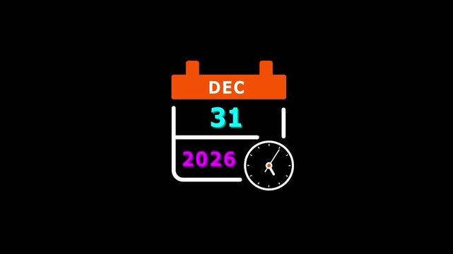 4K calendar 31 Dec 2026 animation. clock and black background clean and stunning 4k animation.