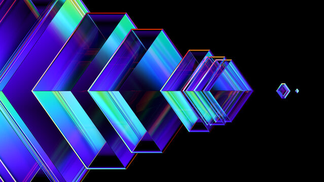 Futuristic geometric composition with dynamic glowing angular glasslike shapes arranged along perspective axis for technology concepts, finance and visual design. Digital transformation. 3d render