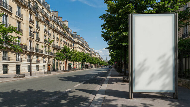 Blank vertical street billboard mockup on a sunny Parisian sidewalk with classic architecture