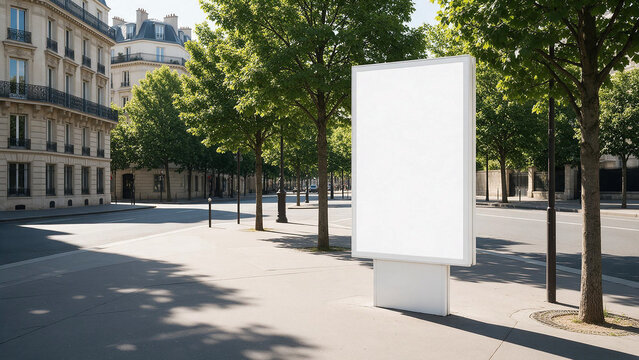 Blank vertical street billboard mockup on a sunny Parisian sidewalk with classic architecture