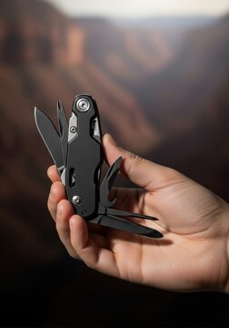 A hand holding a black metal multi tool with many open blades and gadgets