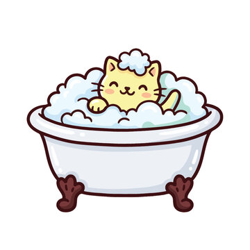 Cute cat enjoying a bubble bath in a white bathtub with a happy expression and fluffy soap