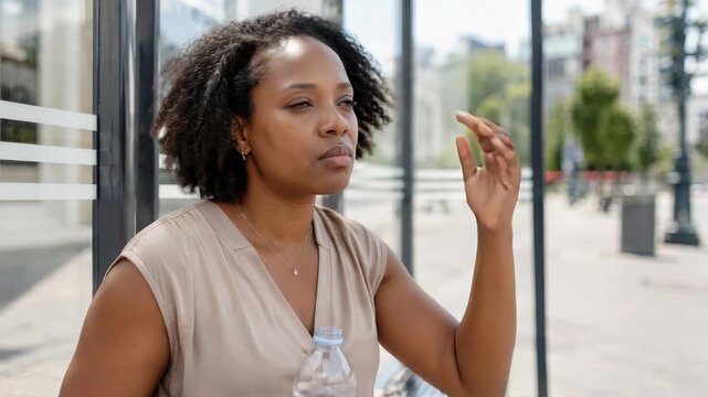 Woman suffering from heat stroke at bus stop. African american girl feeling dizzy and exhausted during extreme summer weather. Health emergency and first aid concept