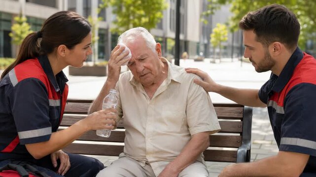 Paramedics providing first aid to senior man suffering from heat stroke. Emergency team helping patient on city bench during hot summer day. Healthcare concept