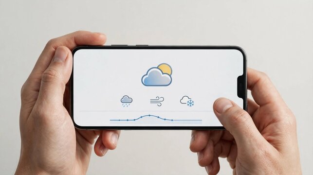 M&atilde;os segurando smartphone com gradiente de c&eacute;u, conceito de previs&atilde;o no celular