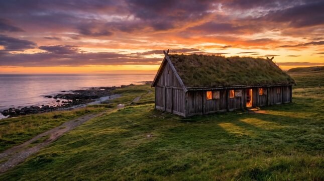Traditional Viking Longhouse with Turf Roof on a Coastal Grassy Plain at Sunset