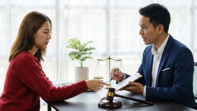 Lawyer in a suit consulting with a female client in a bright office while reviewing legal documents and holding a wooden judge gavel