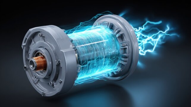 Electric motor with energized coil showcasing blue electric sparks and dynamic energy flow in a futuristic setting
