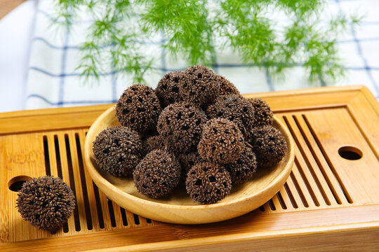 Dried Liquidambar Fruits on Ancient Chinese Paper Scroll