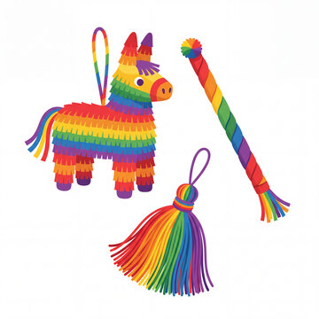 Colorful pinata with tassel and stick on white background
