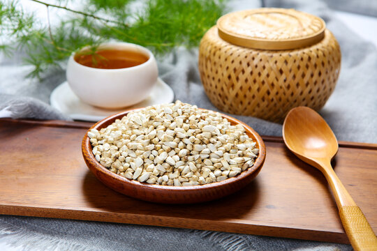 Dried Safflower Seeds in Wooden Bowl Herbal Tea Scene