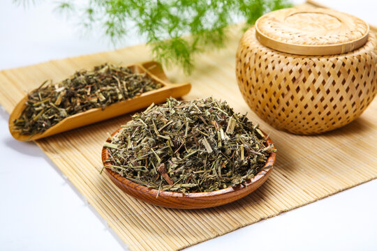 Dried Elsholtzia Herb on Bamboo Mat Chinese Herbal Shot