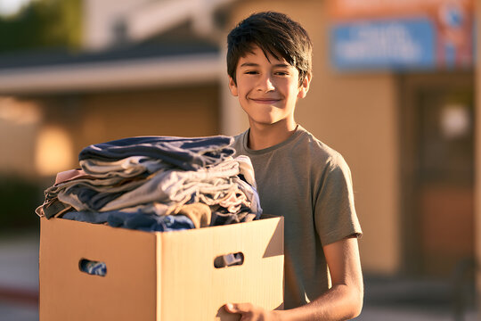 A Hispanic teenager is transporting a box of donated clothes for a charity initiative