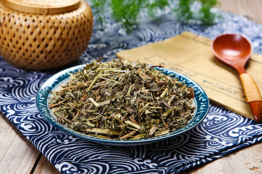 Dried Elsholtzia Herb on Bamboo Mat Chinese Herbal Shot