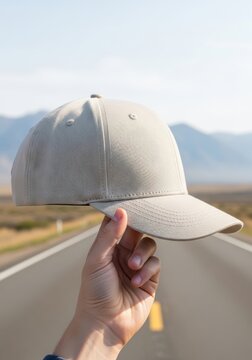 Person holding a simple grey baseball cap outdoors on a sunny day