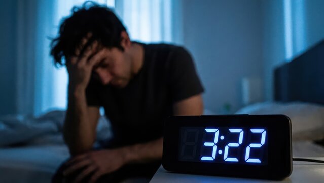 Stressed man suffering from insomnia sitting on bed at night looking at digital alarm clock showing late time in dark bedroom atmosphere