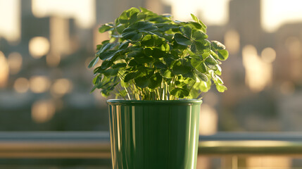 Fototapeta premium A lush green shamrock plant in a strikingly green pot positioned on a sunny balcony with the backdrop of a city skyline, symbolizing the spirit of St. Patrick's Day, the idea of gardening or home deco