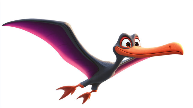 Cartoon purple pterodactyl dinosaur flying with large wings and orange beak creature design flying animal pterodactyl dinosaur creature character