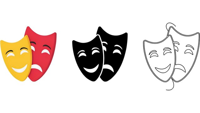 Theater masks show comedy and tragedy symbols in three color styles.