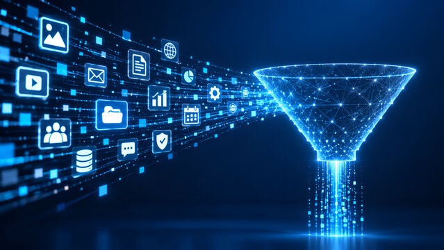 Digital marketing funnel and data consolidation concept featuring floating business icons flowing into a glowing wireframe filtering system