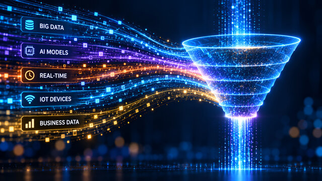 Big data analytics and filtering concept showing diverse digital information streams consolidating through a glowing futuristic funnel