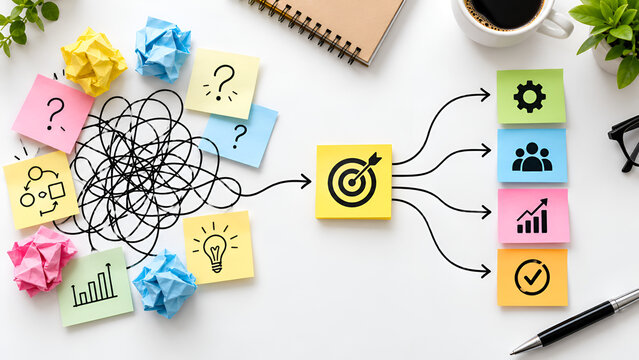 Simplifying complexity and strategic planning concept showing messy tangled lines transforming into a focused target goal surrounded by business icons