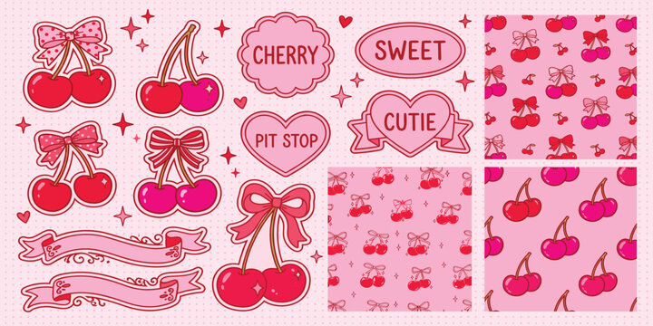 cherry poster retro coquette cherries with ribbon trendy girly slogan girl fashion