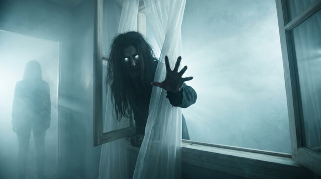 Monster eye scary shadow reaching hand ghost figure horror room window curtain blue fog. Halloween horror evil ghost. creepy supernatural creature nightmare, glowing darkness fantasy fear