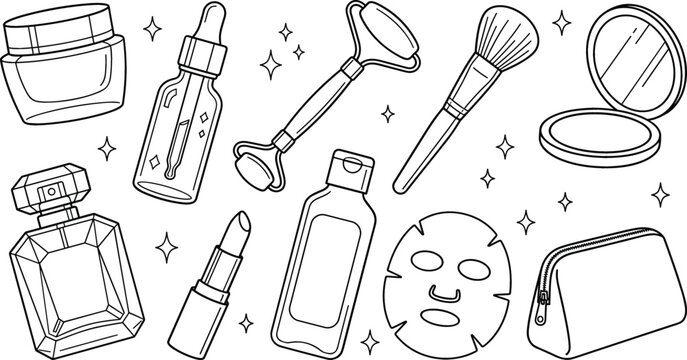 Skincare and Beauty Cosmetics Vector Icon Set featuring Face Roller, Serum Dropper, Lipstick, Makeup Brush, Mask, and Perfume Bottle for Wellness Designs