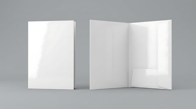Two White Presentation Folders Standing on a Gray Background One Closed One Open Showing Interior Pockets