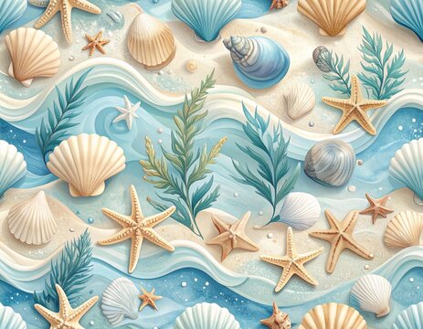 海　背景　貝　Seamless watercolor ocean pattern with seashells starfish and waves

