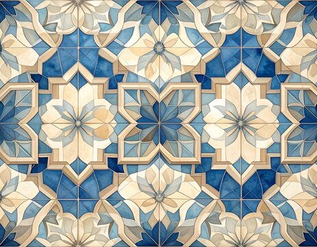 模様　Seamless watercolor Moroccan tile pattern with blue quatrefoil medallion

